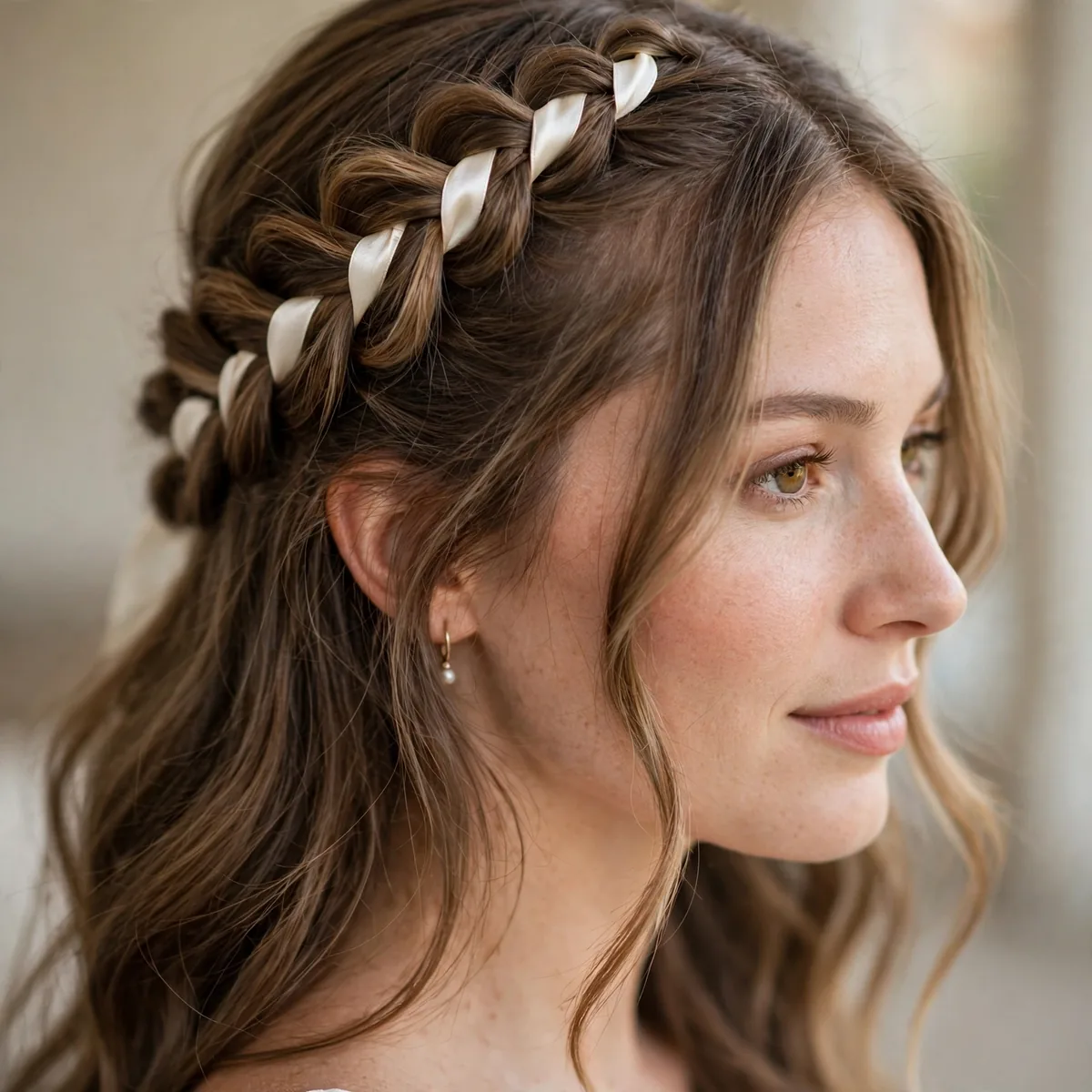 Half-up fishtail braid with ribbon woven through for wedding