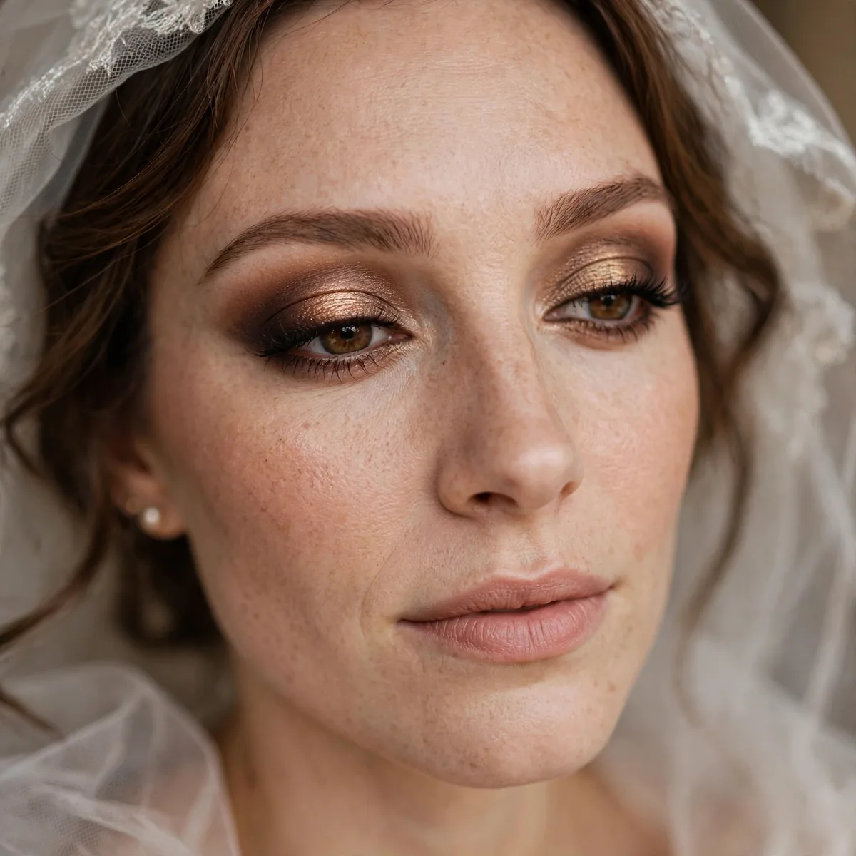 Smoked bronze halo eye makeup on bride