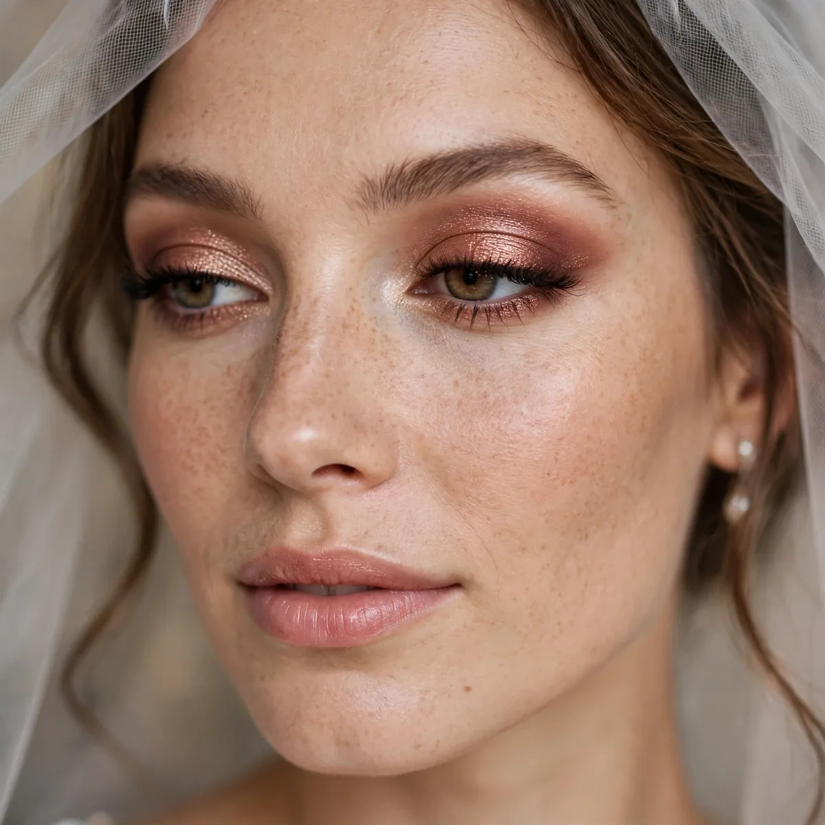 Rose-bronze romantic eyeshadow lids on bride