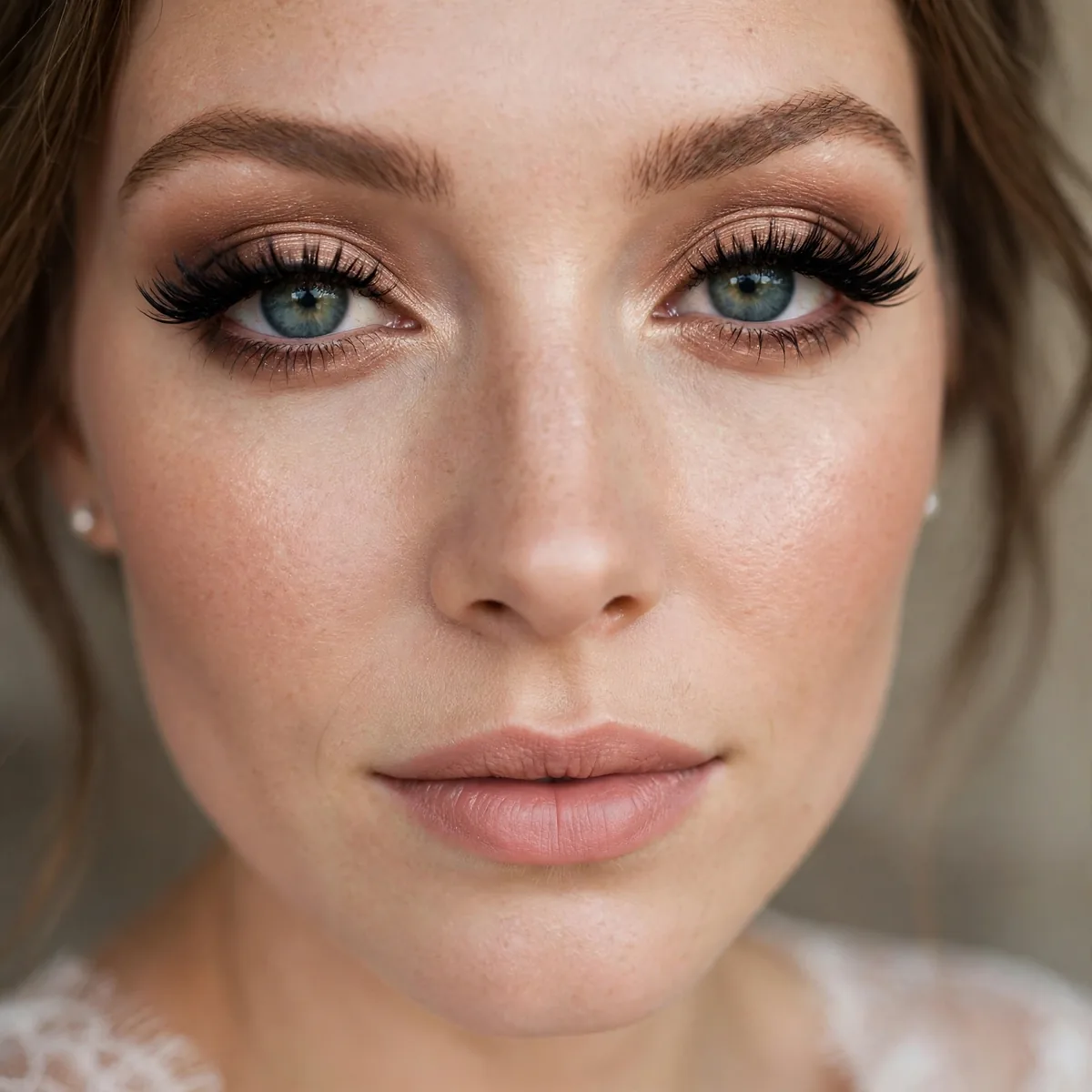 Soft bronze eyeshadow wash with bold lashes bridal makeup