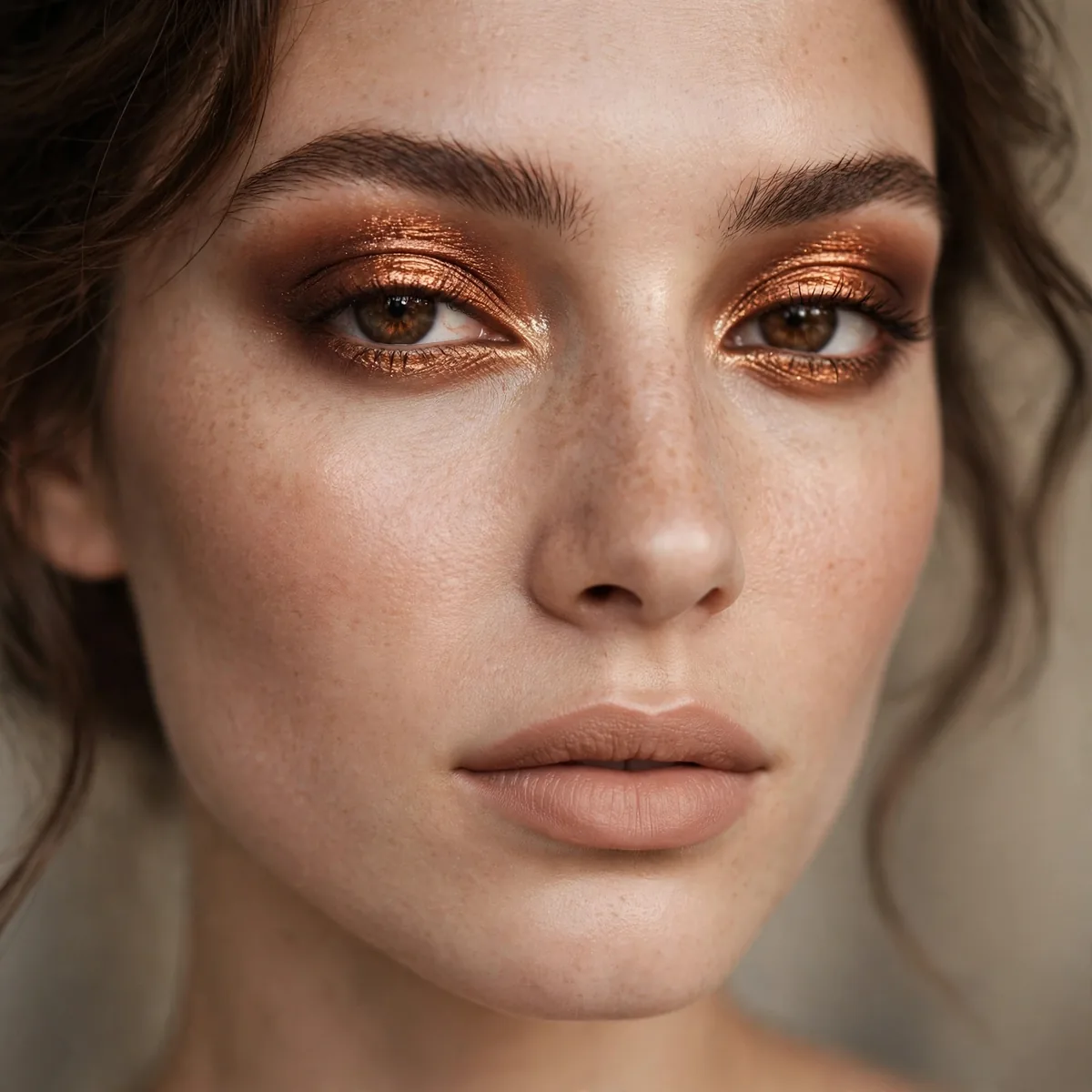 Molten bronze eyes with nude lips bridal makeup balance