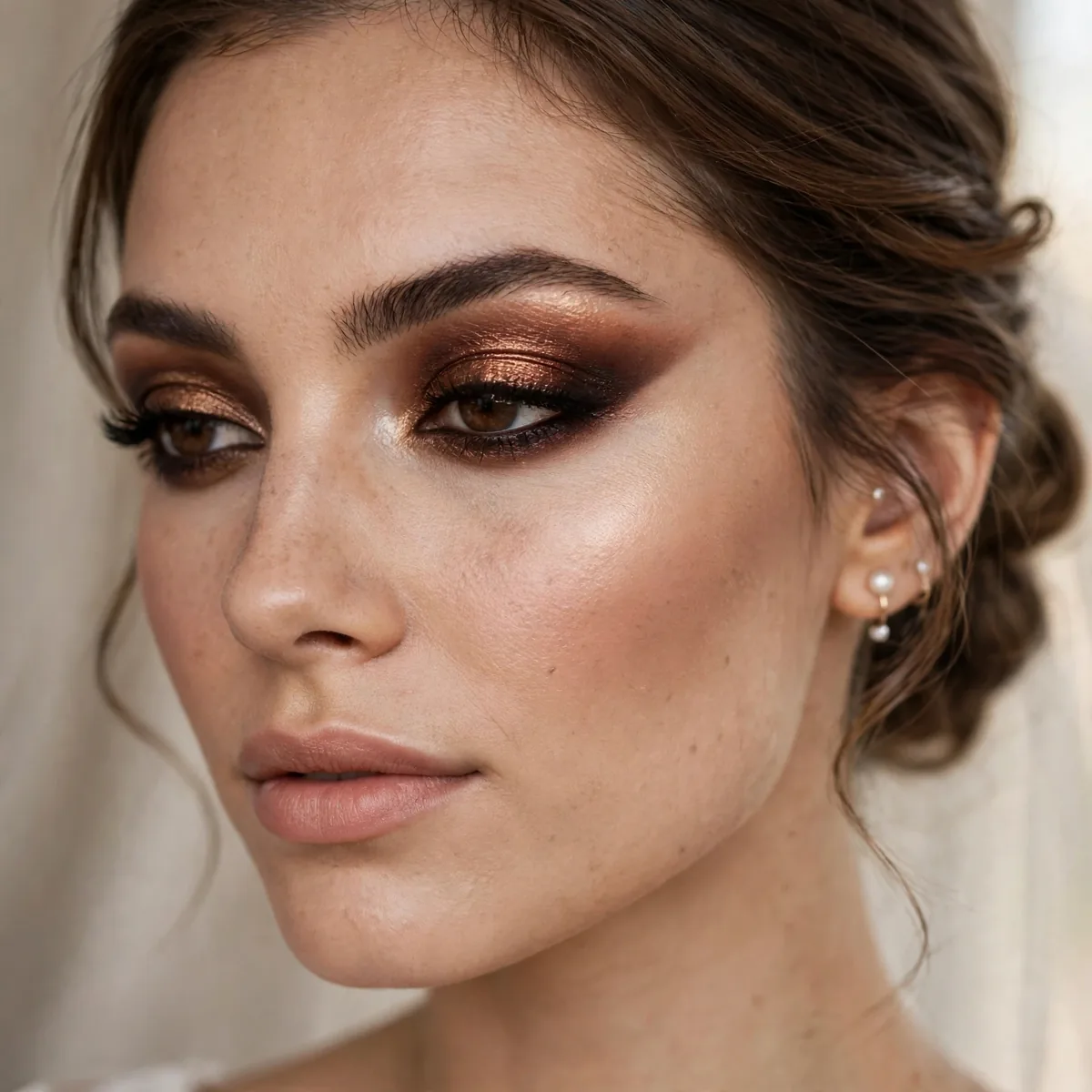 Deep bronze outer-V eyeshadow drama bridal makeup