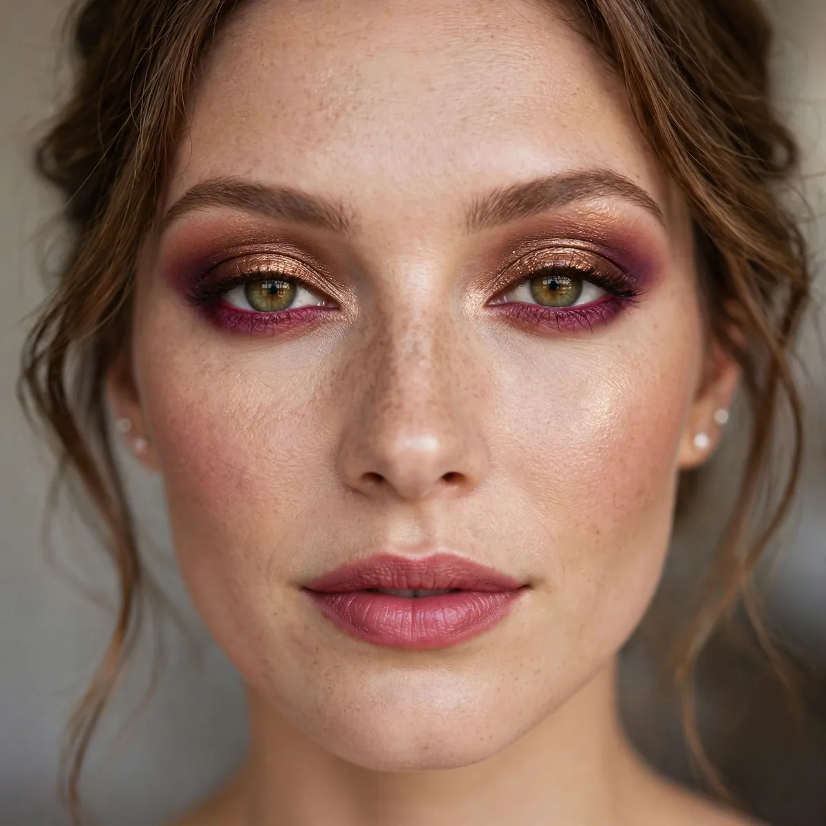 Bronze eyeshadow fused with berry tones bridal makeup