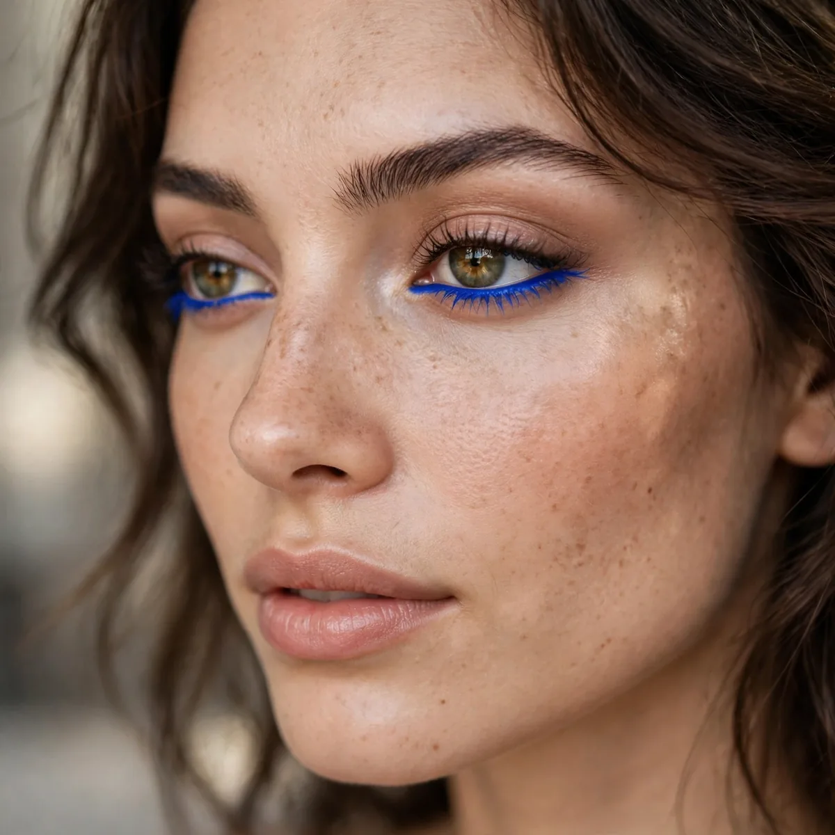 Electric cobalt blue eyeliner on lower lash line