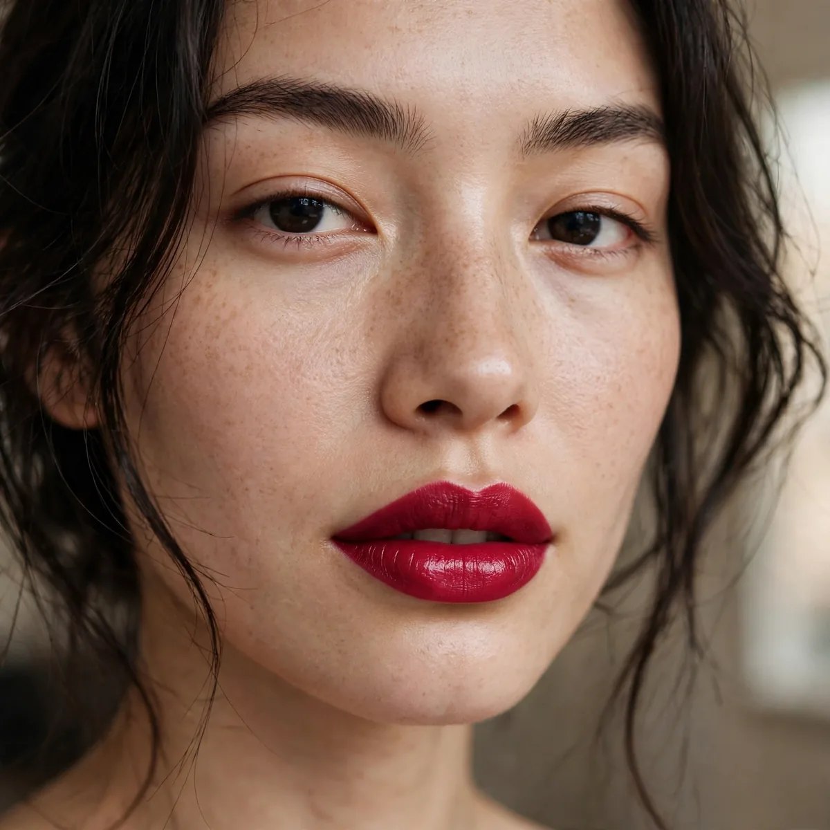 Bold lips with bare eyes balance
