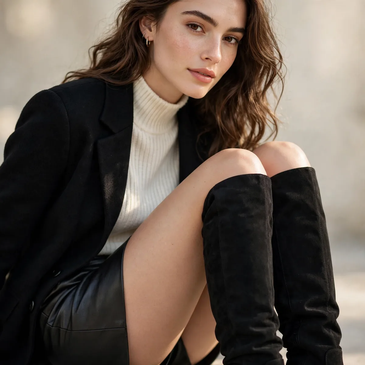 Knee high boots with mini skirt