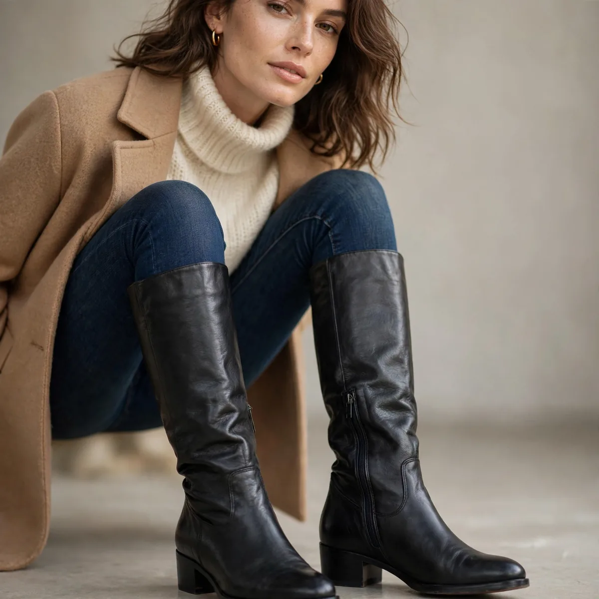 Knee boots worn over skinny jeans