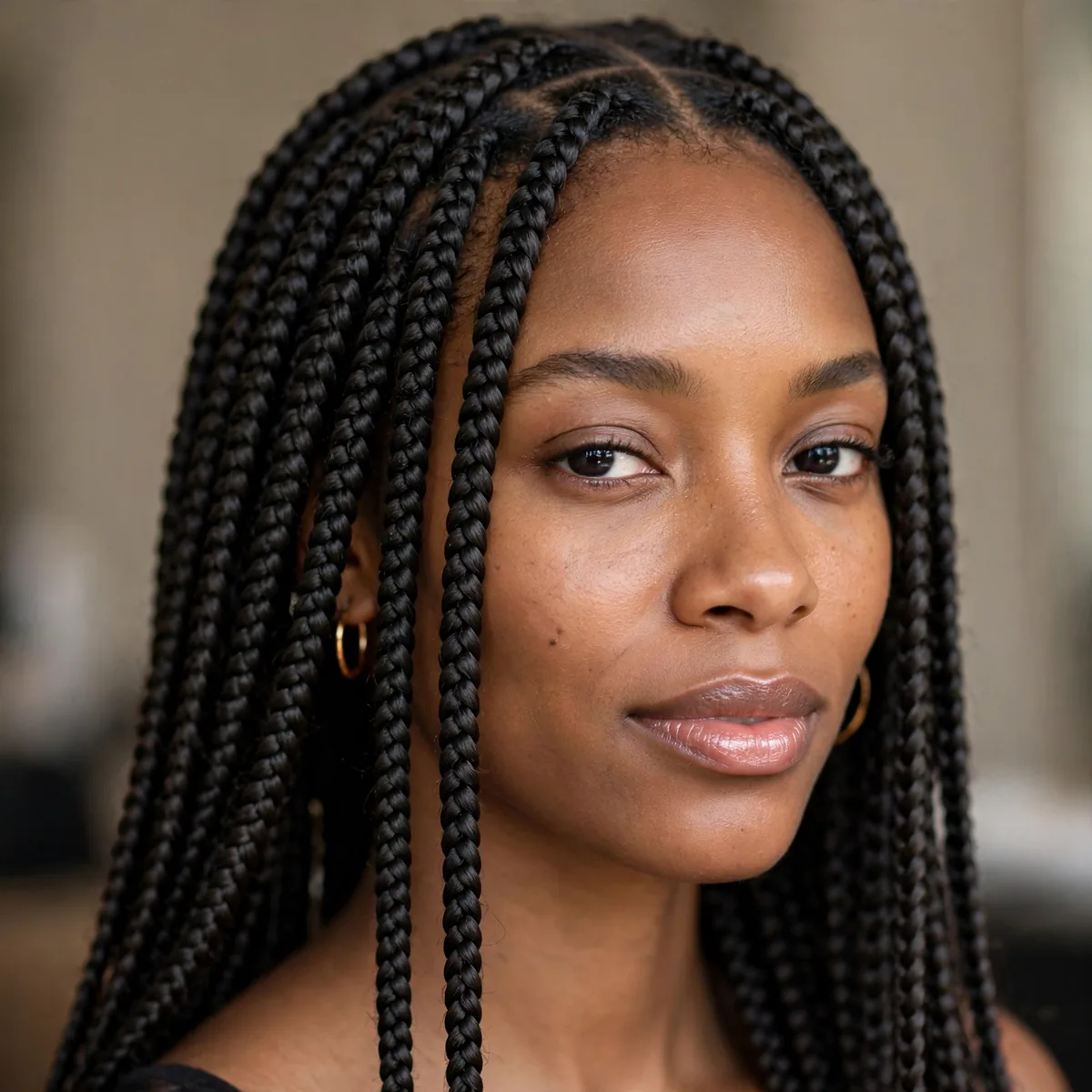 Classic mid-back box braids on Black woman