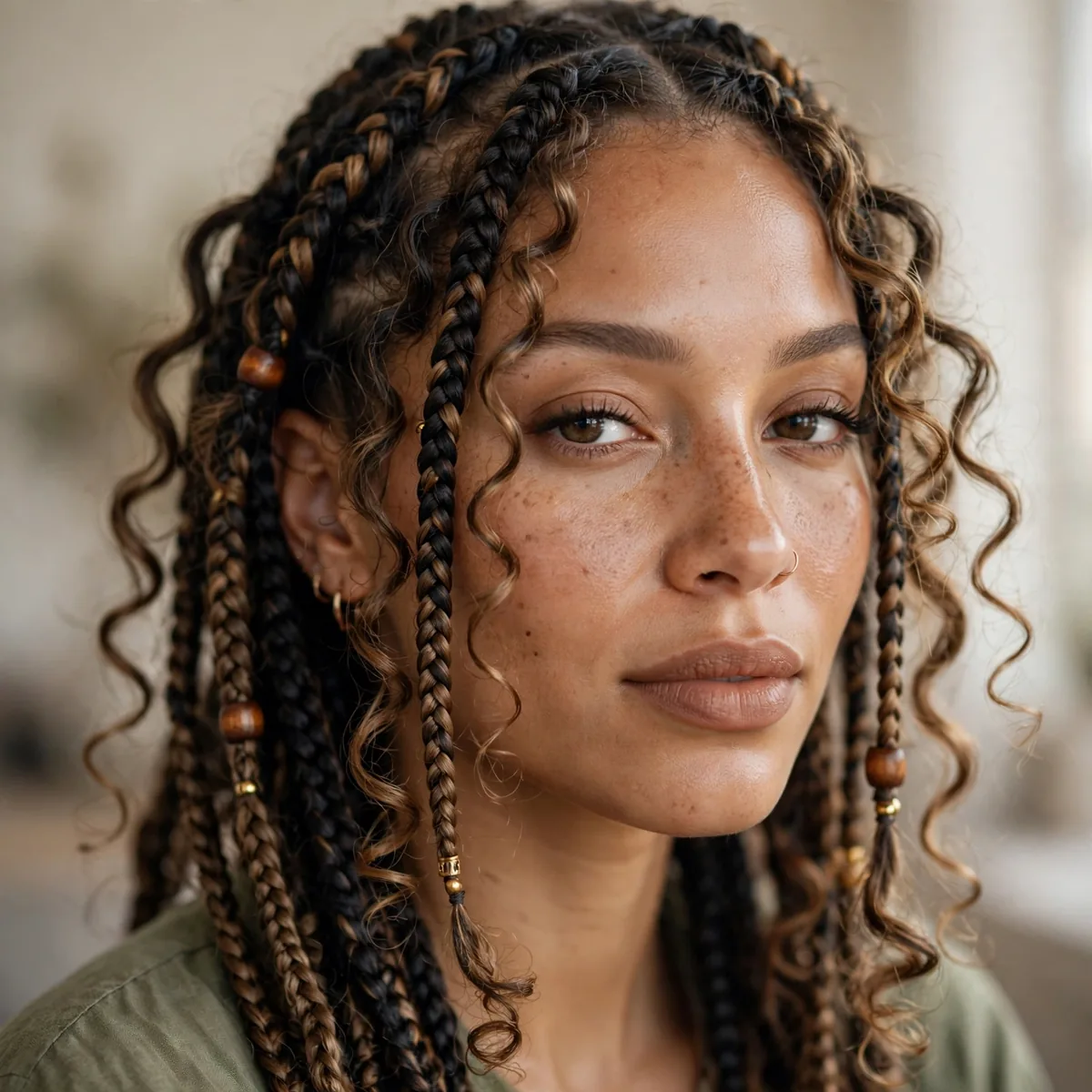 Boho box braids with curls throughout