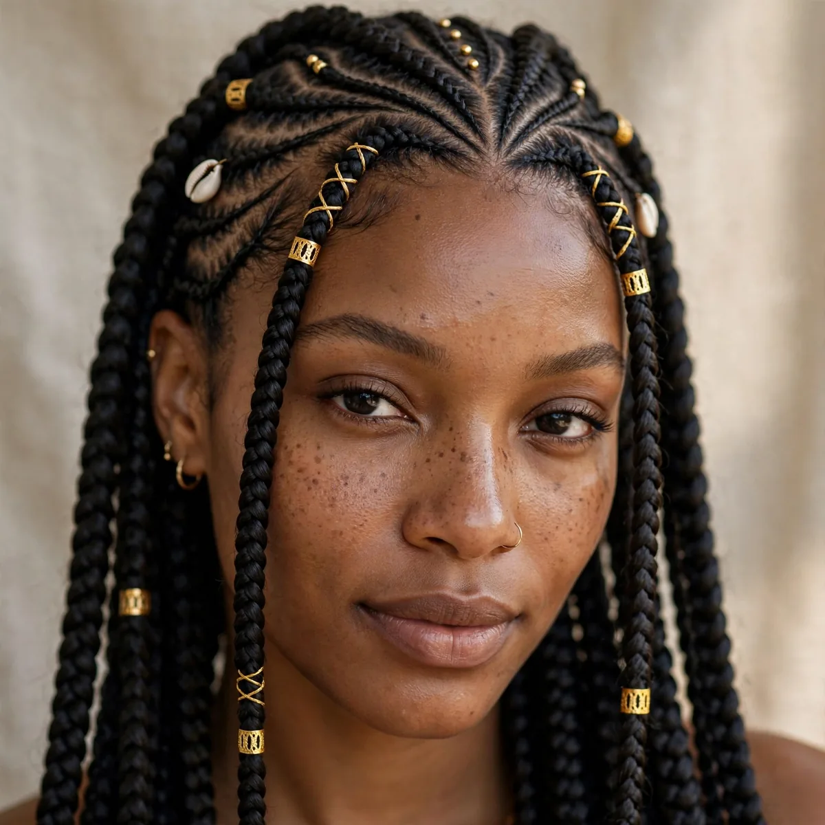 Box braids with Fulani-inspired cornrow details