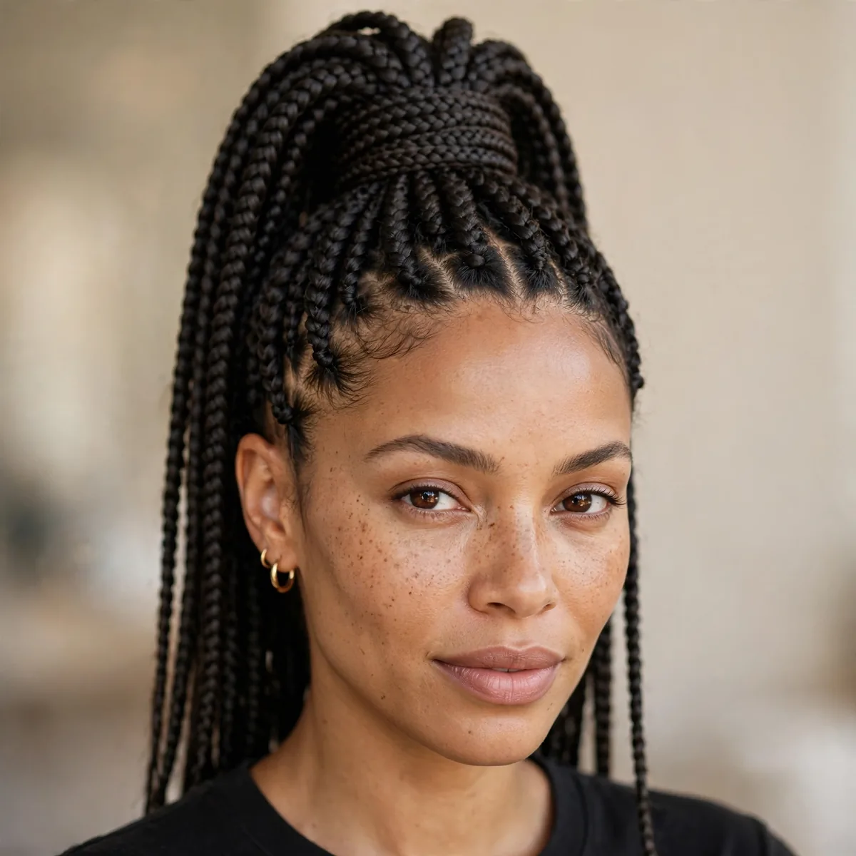 Box braids styled in a high ponytail