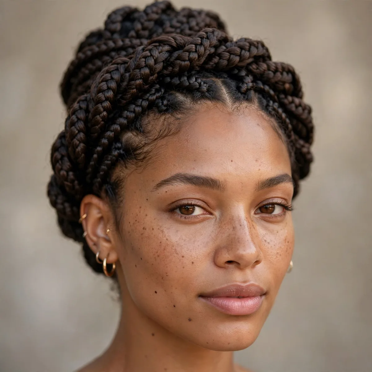 Box braids wrapped into a crown updo