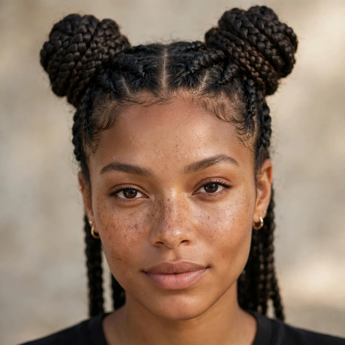 Two space buns made from box braids