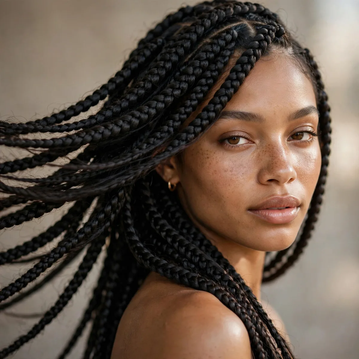 Box braids swept dramatically to one side