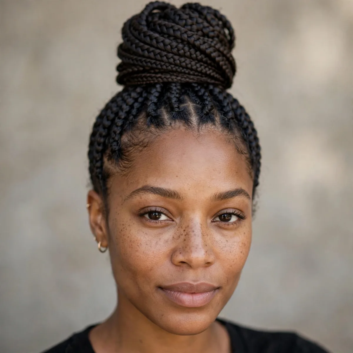 Box braids wrapped into a high top bun