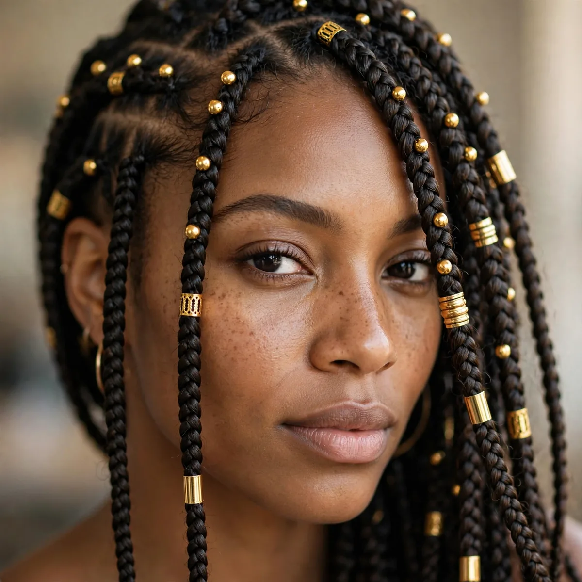 Box braids decorated with gold beads and cuffs