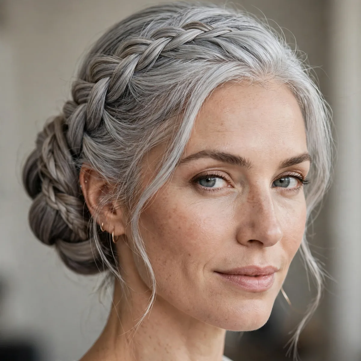 Elegant braided chignon updo on silver hair