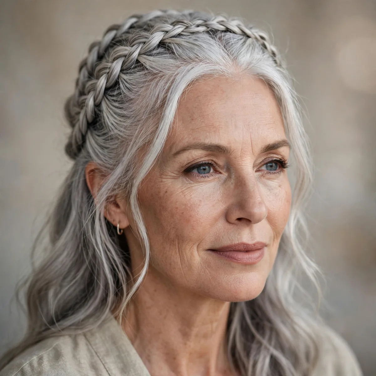 Half-up braided halo on silver hair over 50
