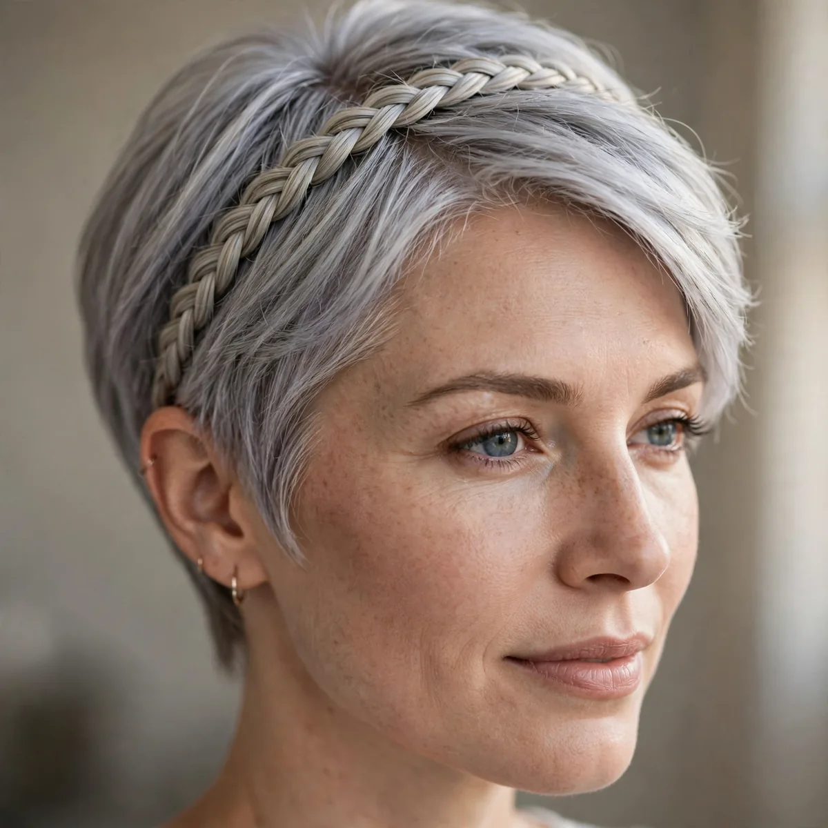 Braided headband accent on short silver hair