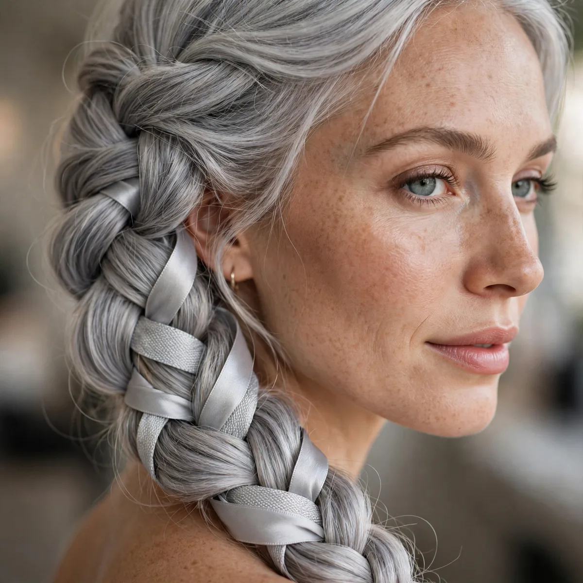 Silver side fishtail braid with ribbon woven through