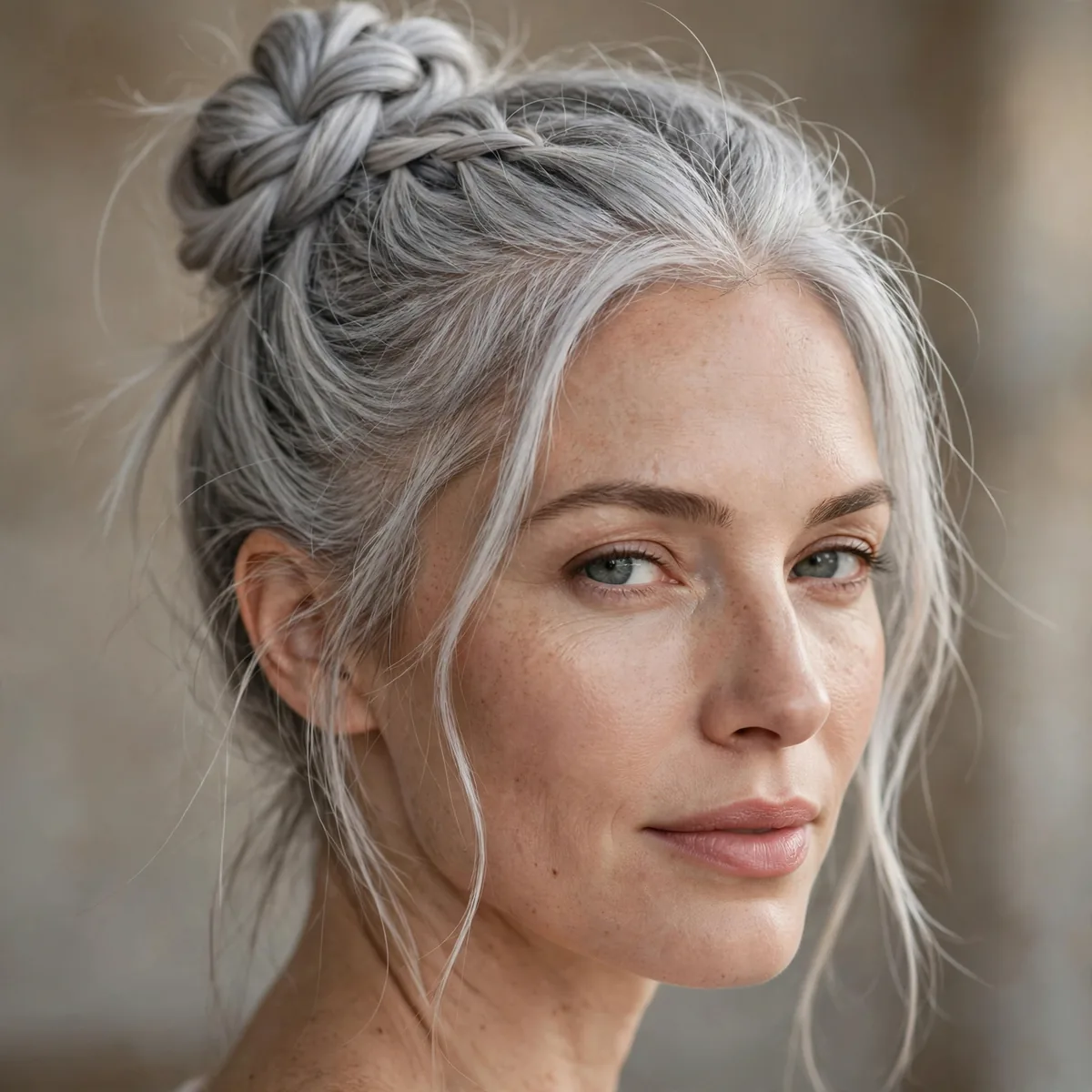 Soft braided top knot on silver hair