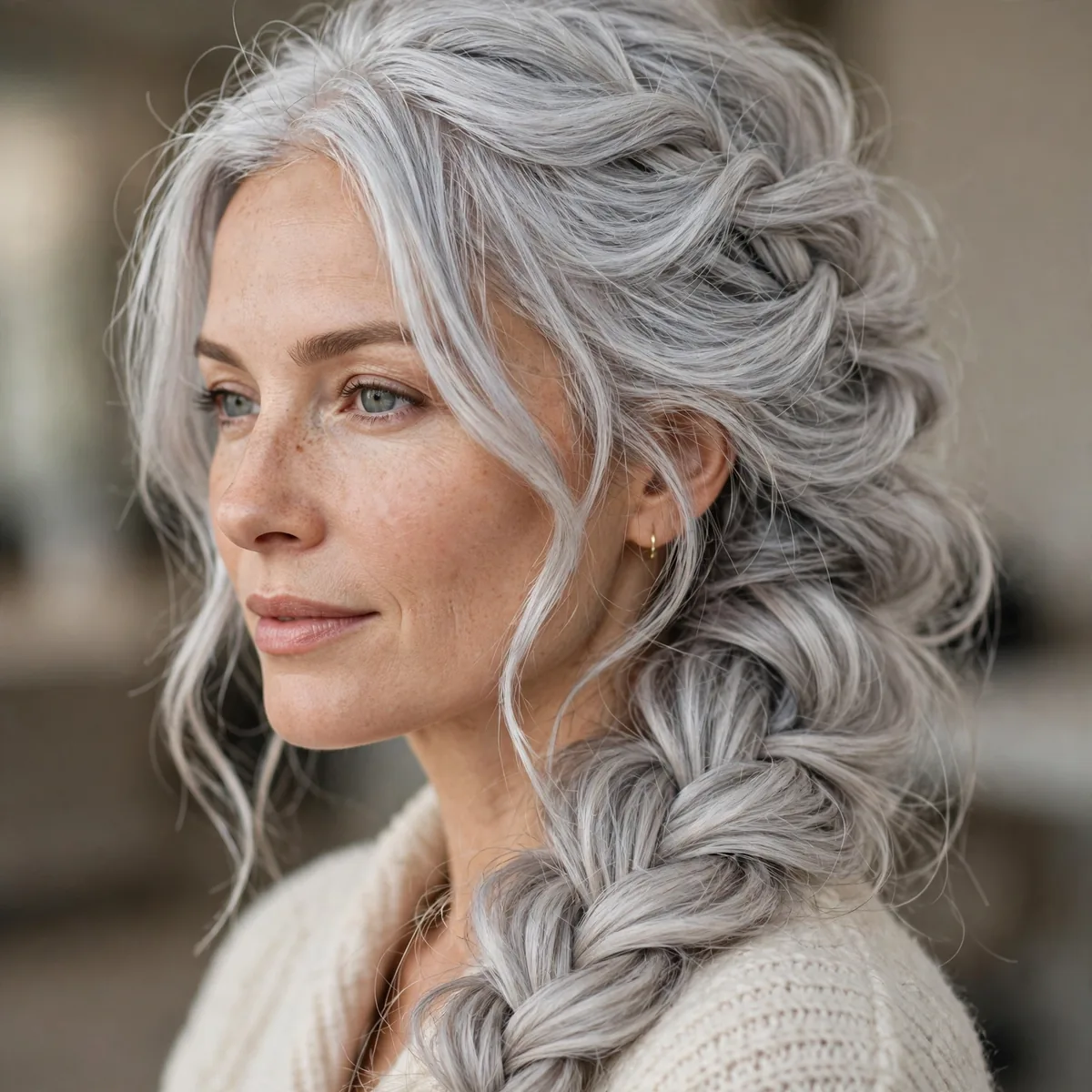 Loose voluminous French braid on silver hair