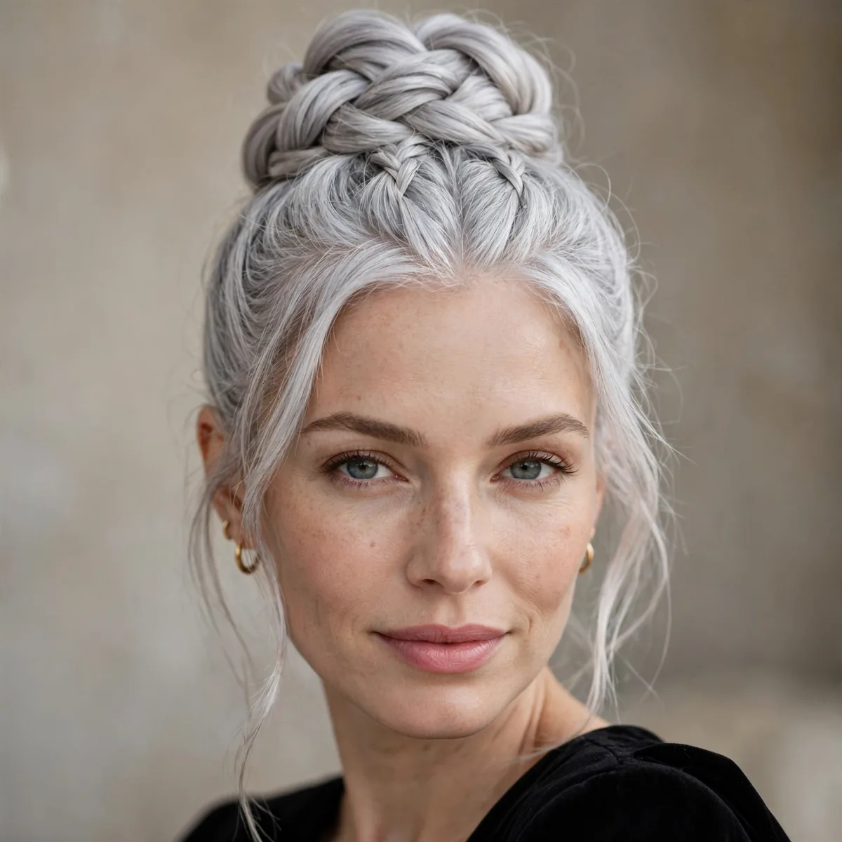 Twisted braided bun updo for evening on silver hair