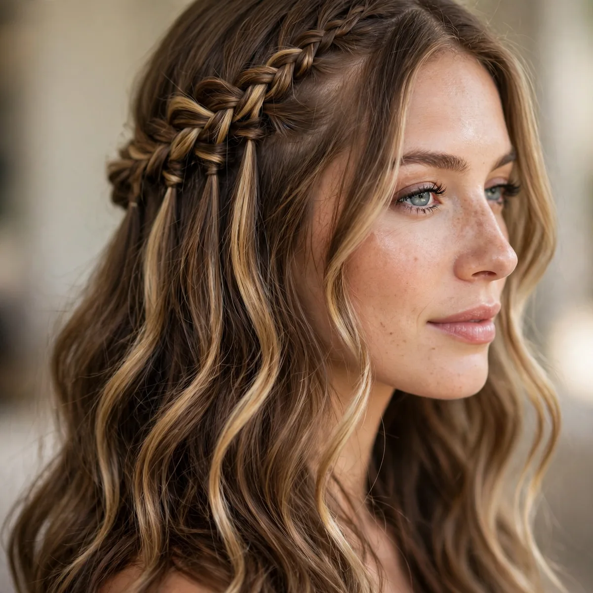 Waterfall braid with strands cascading through long hair