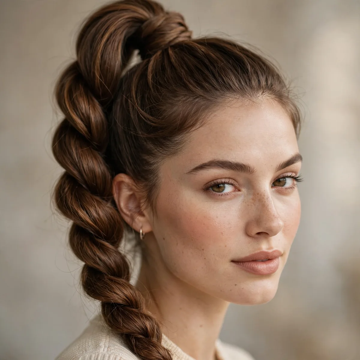 High ponytail twisted into a rope braid