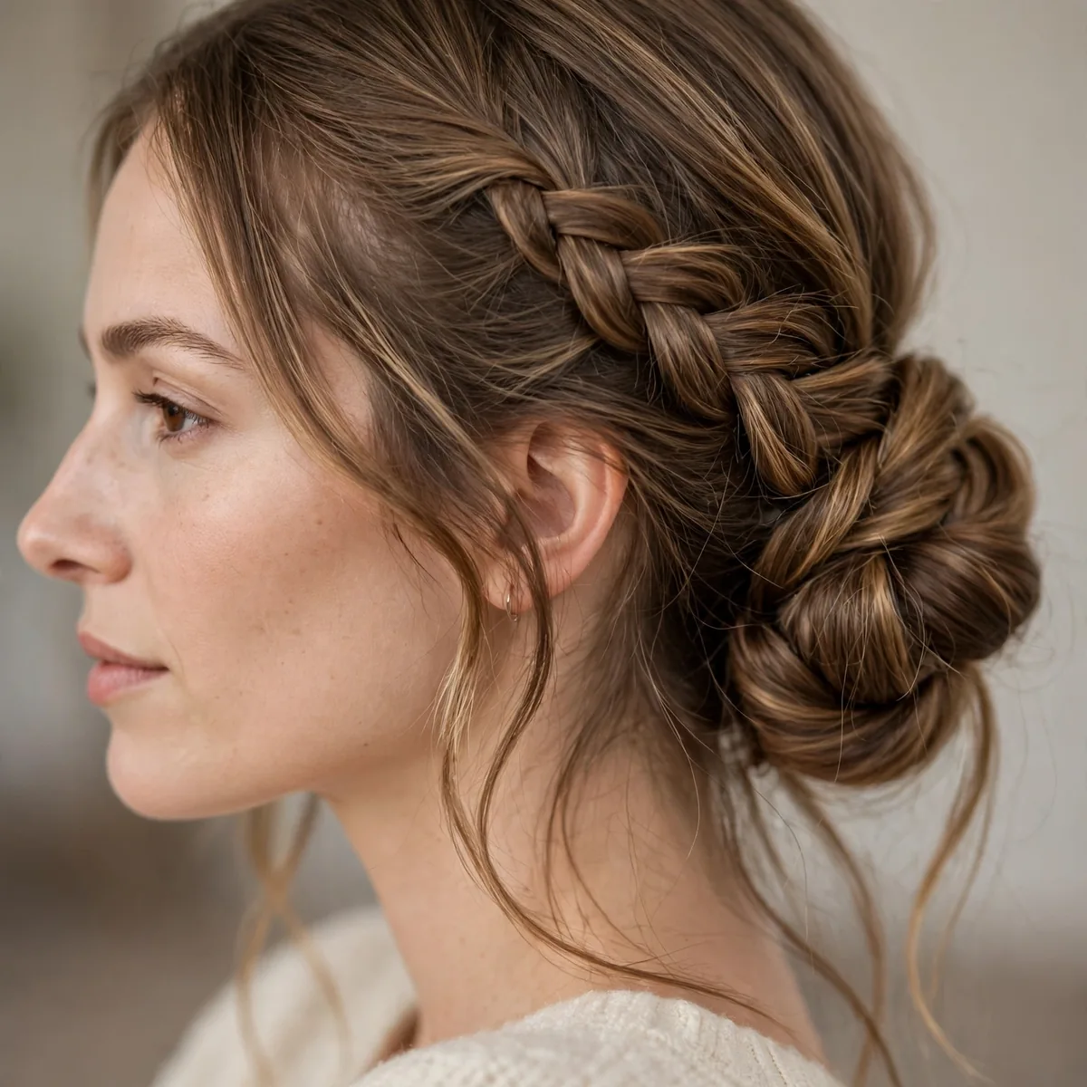 Low bun wrapped from a braid on long hair