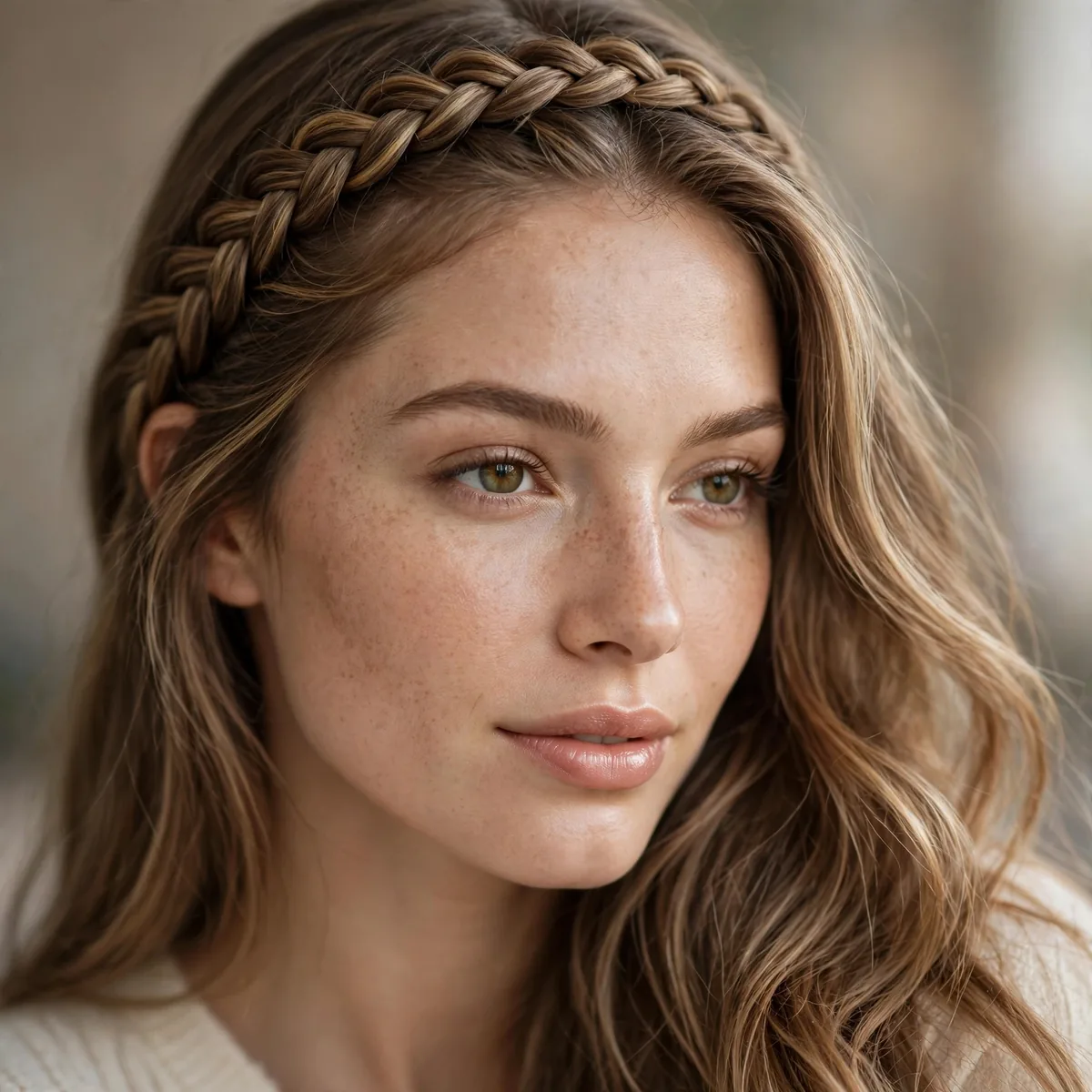 Braid styled as a headband across long hair