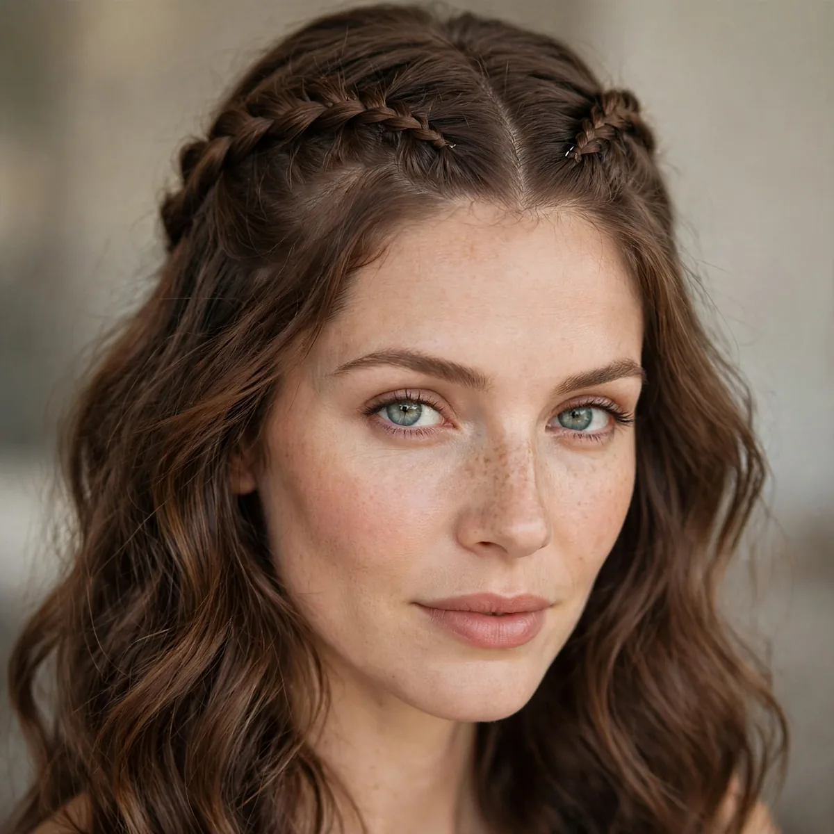Two small braids pinned into a half-up crown