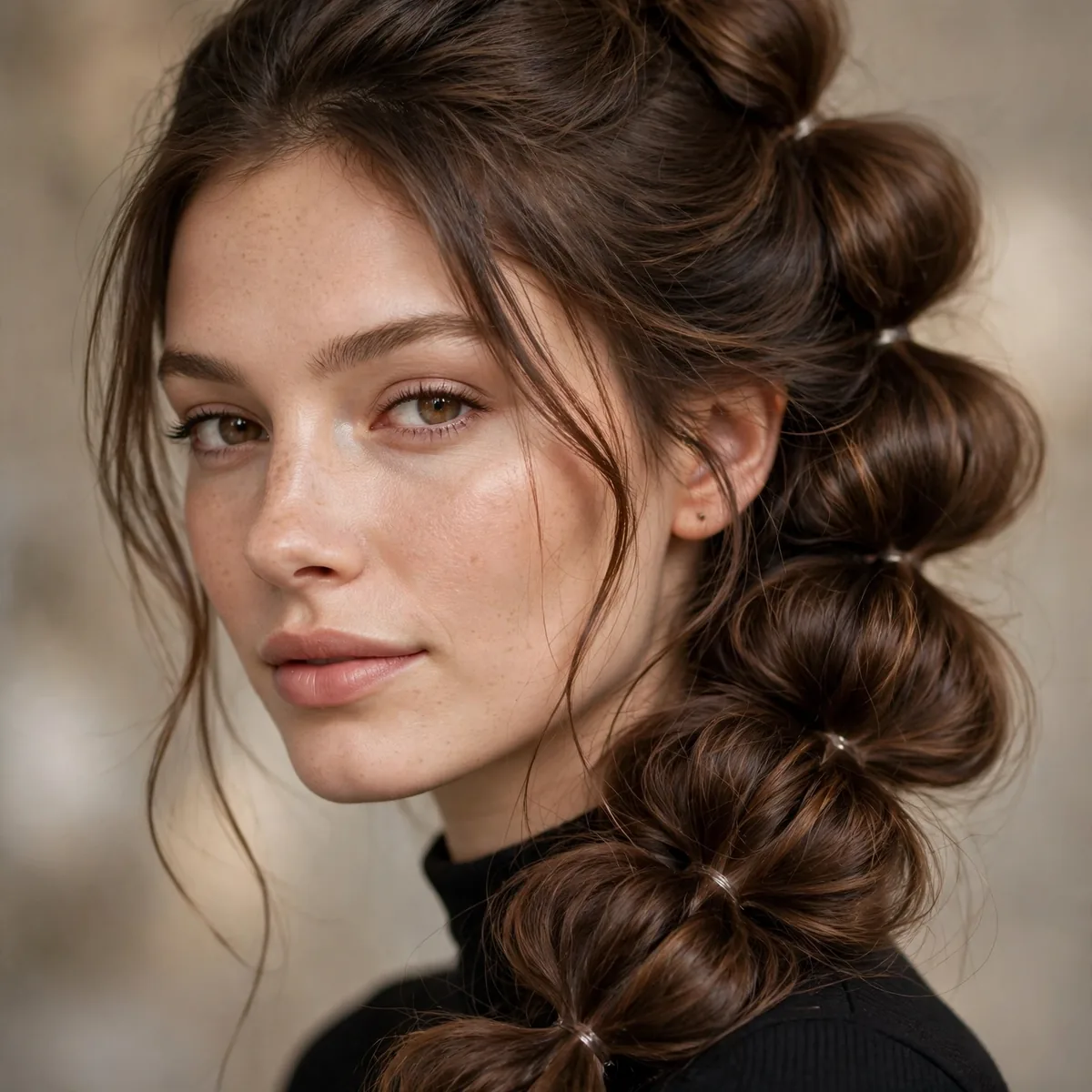 Bubble braid with voluminous sections on long hair