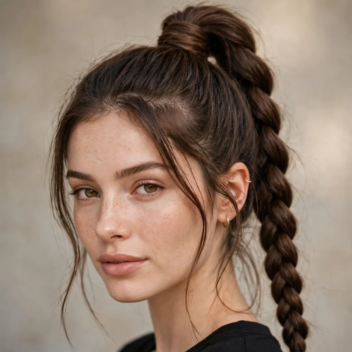 High ponytail with braid detail on long hair