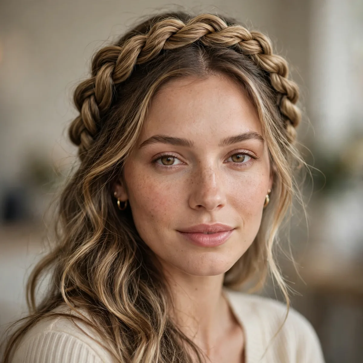 Rope-twist halo braid around long hair