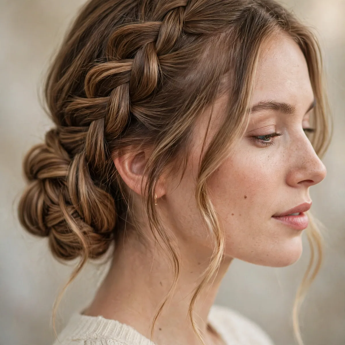 Waterfall braid cascading into a wrapped low bun