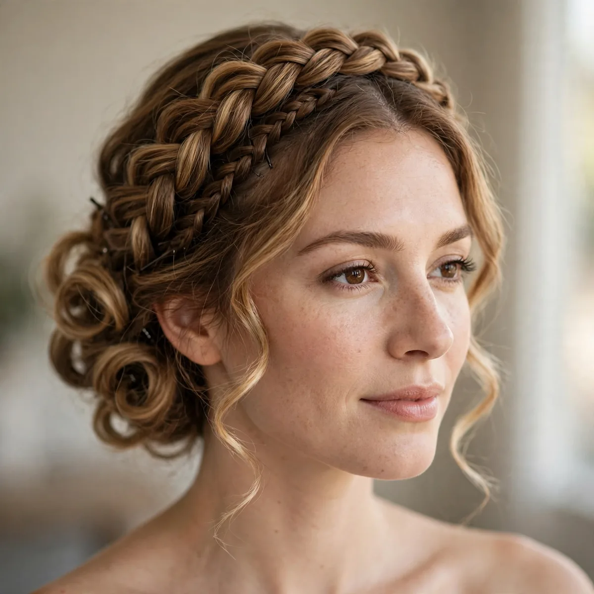 Braided halo with soft curls pinned up beneath