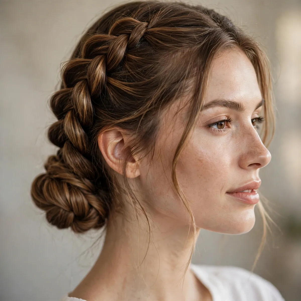 Pull-through braid gathered into a low bun