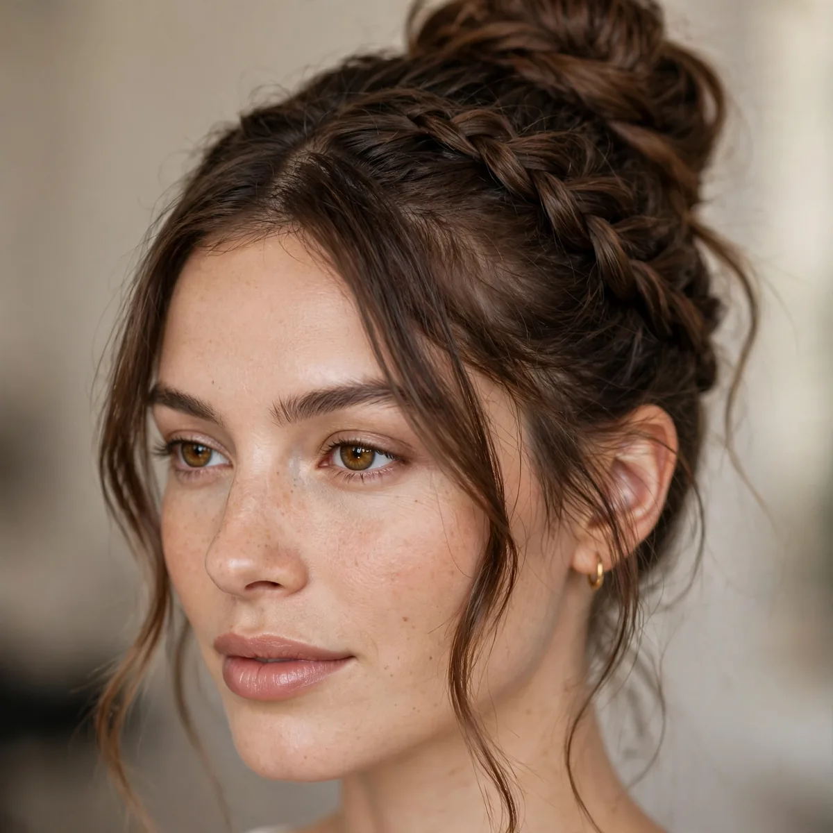 High bun wrapped with a braid and loose face-framing pieces