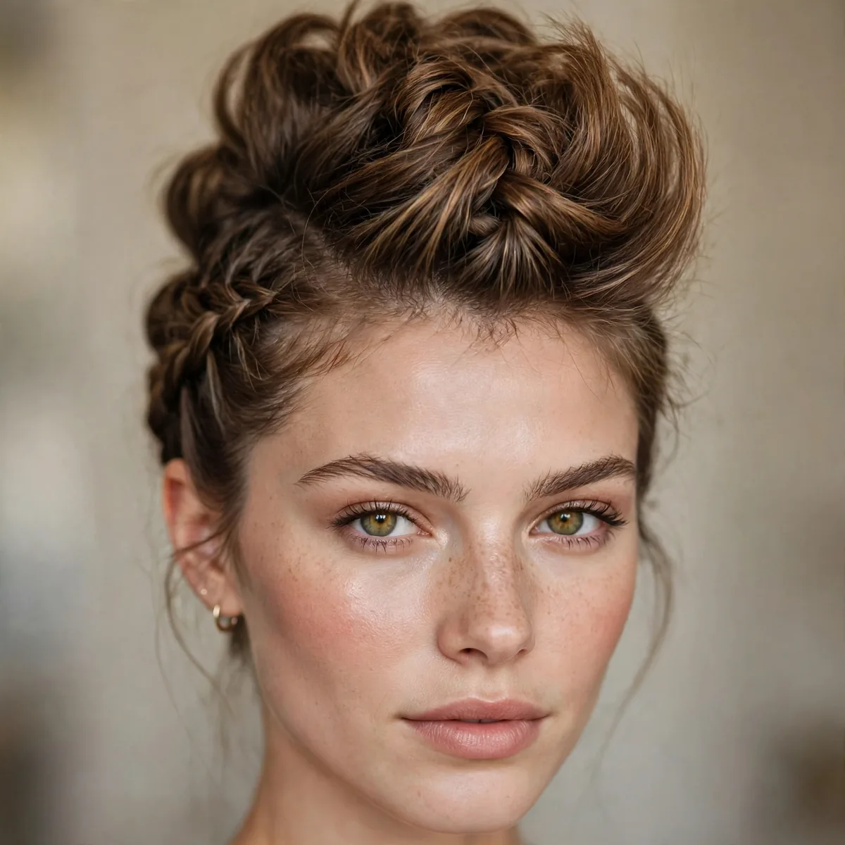Braided mohawk-style updo with lifted volume