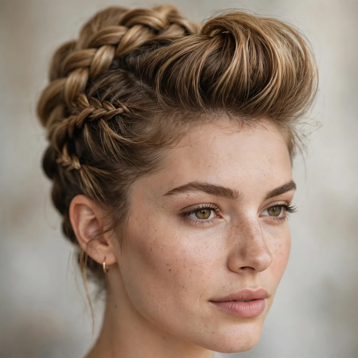 Braided updo with a lifted pompadour front