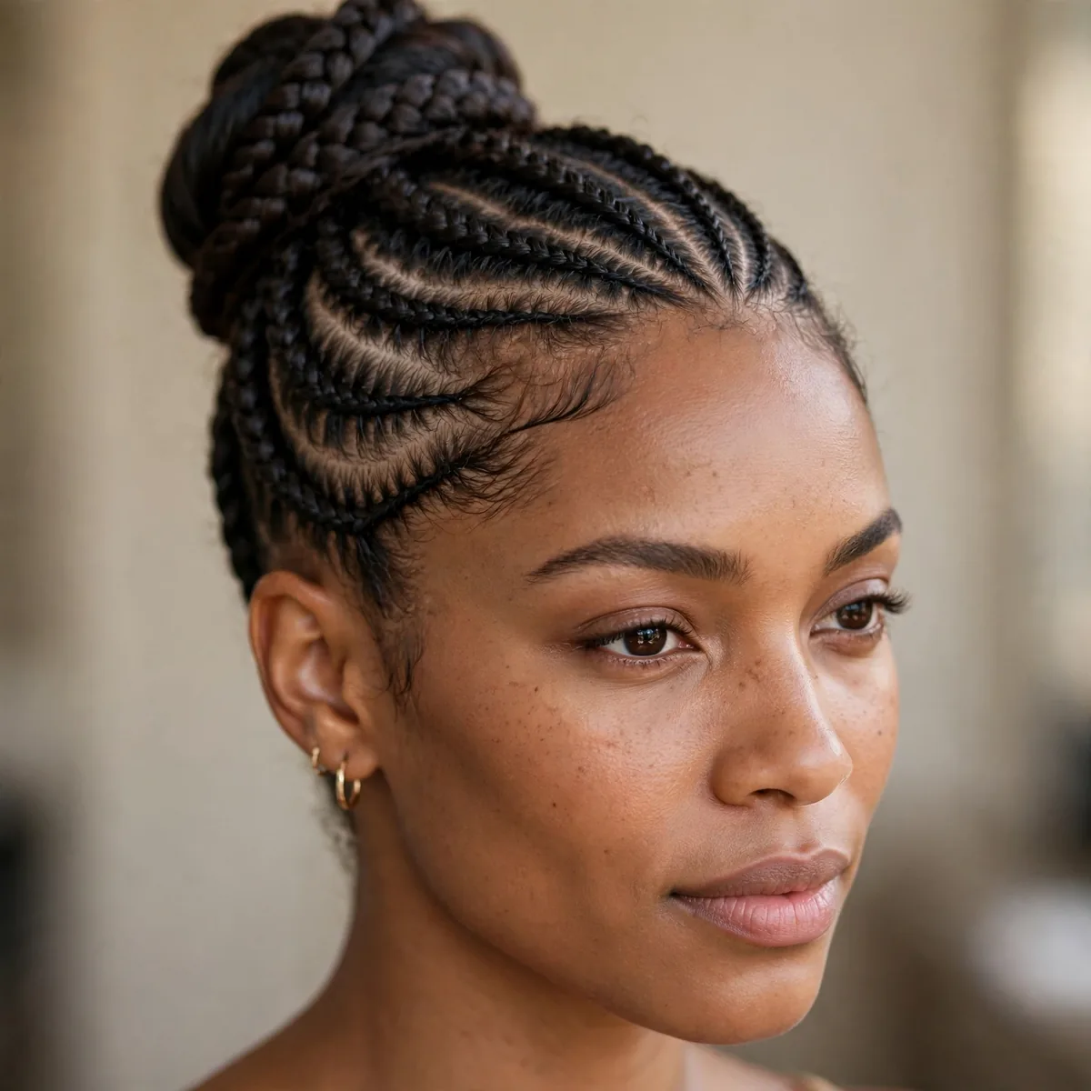 Elegant cornrow updo styled into a bun
