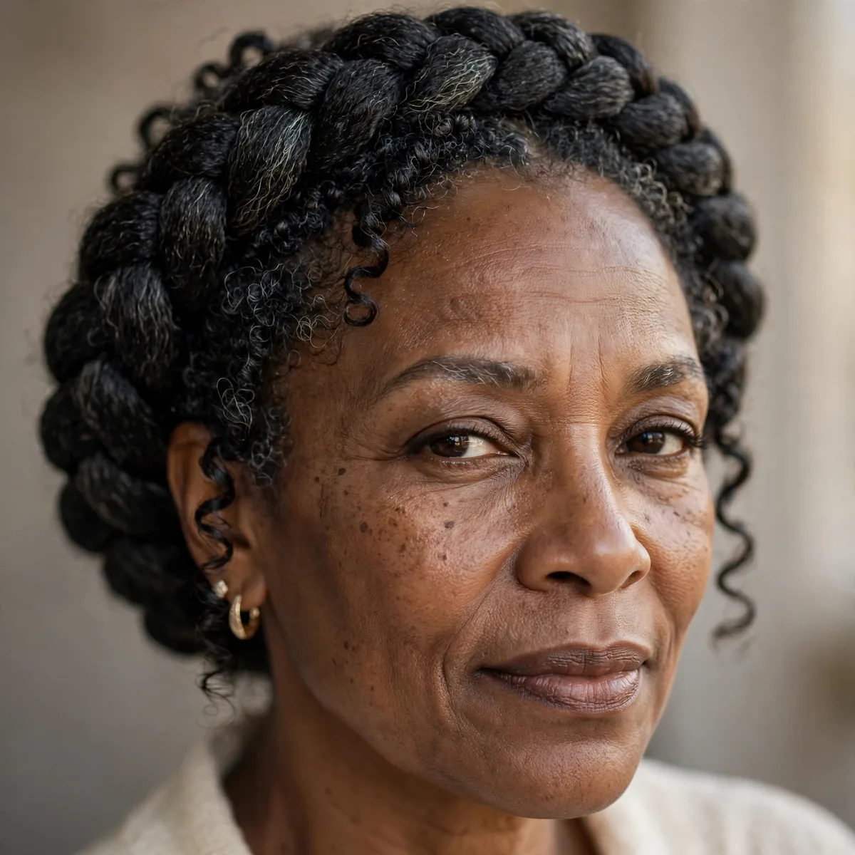 Regal halo braid crown on older Black woman over 50