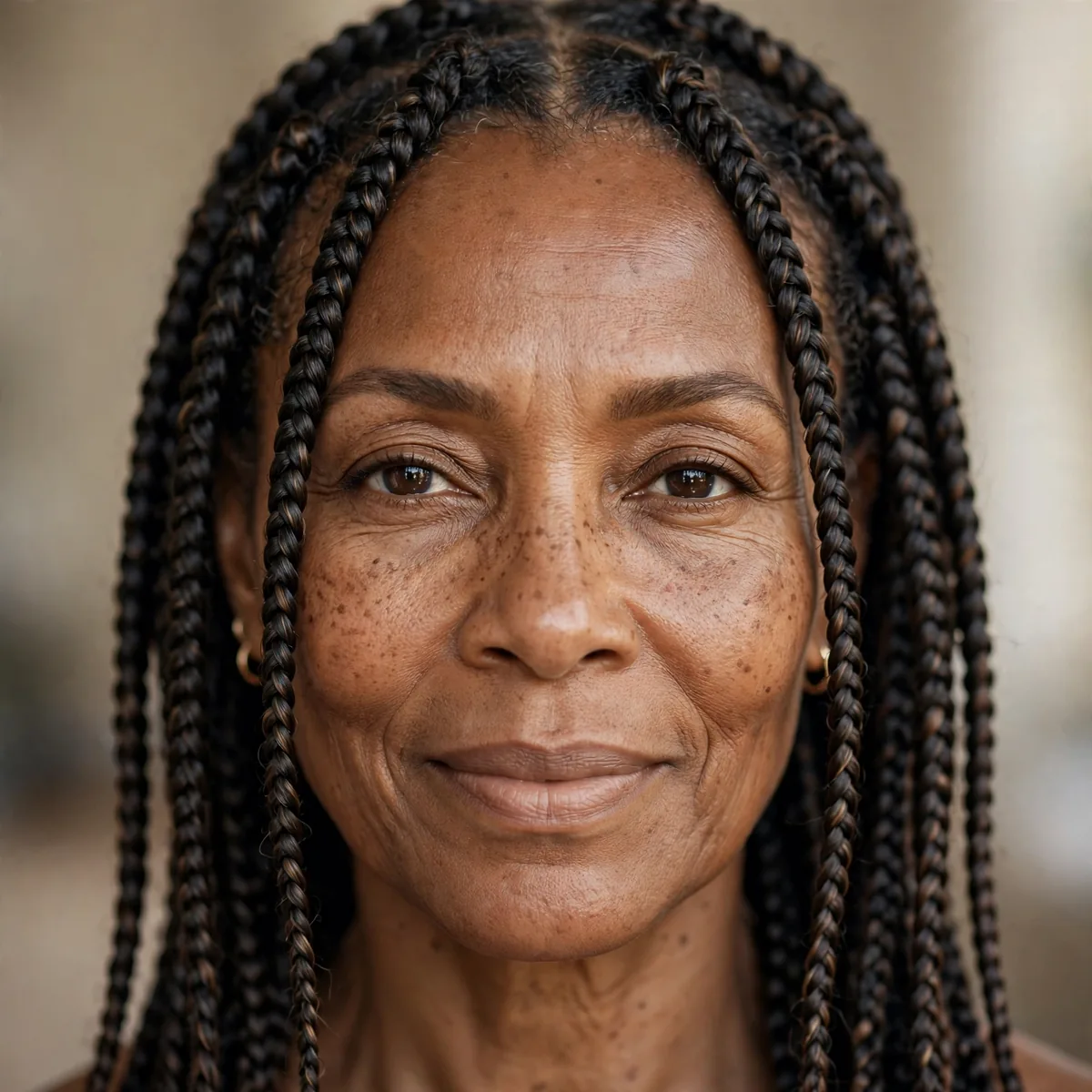 Medium knotless box braids on mature Black woman