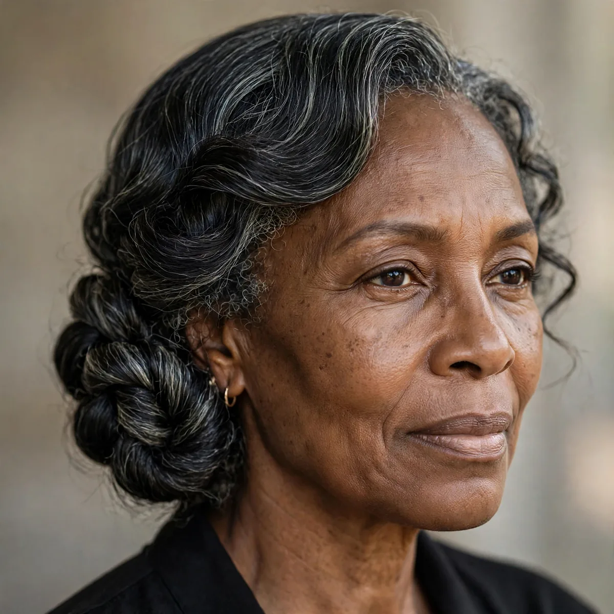 Elegant twisted low chignon on older Black woman