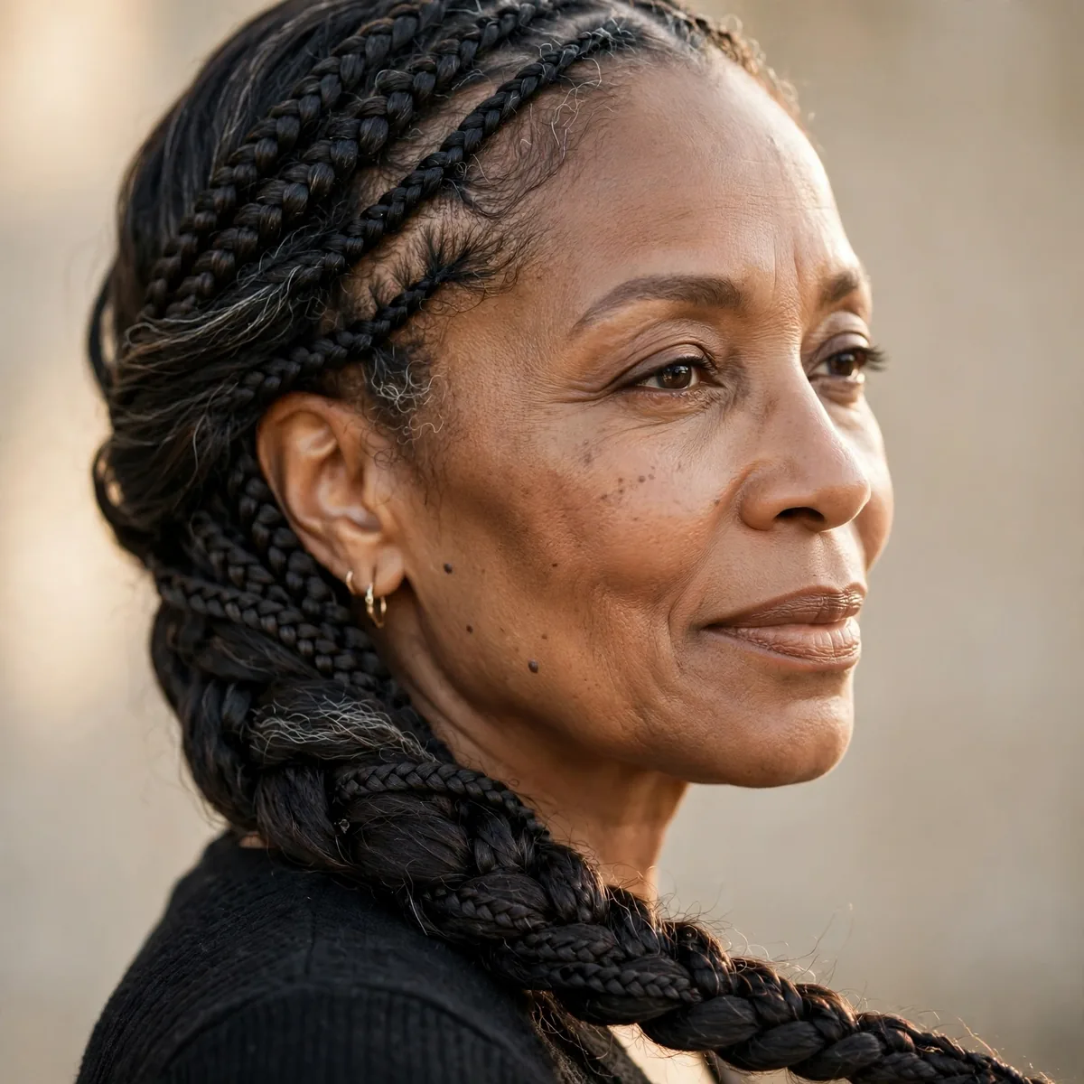 Side-swept braided hairstyle on mature Black woman