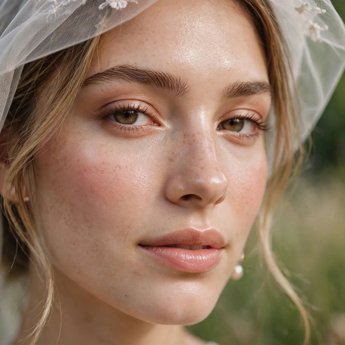 Close-up of a bride's dewy luminous skin with a natural radiant finish