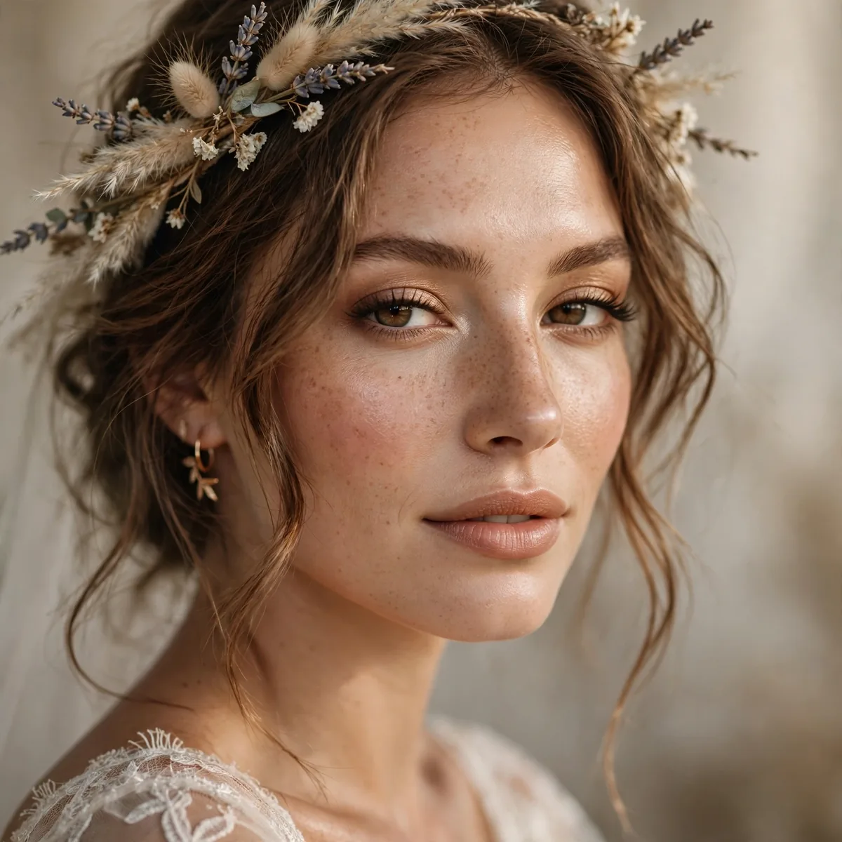 Boho bride with delicate faux freckles across nose and cheeks