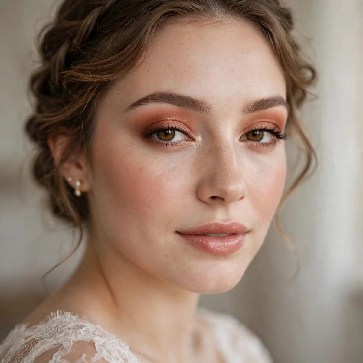 Bride wearing soft terracotta eyeshadow blended across the lids