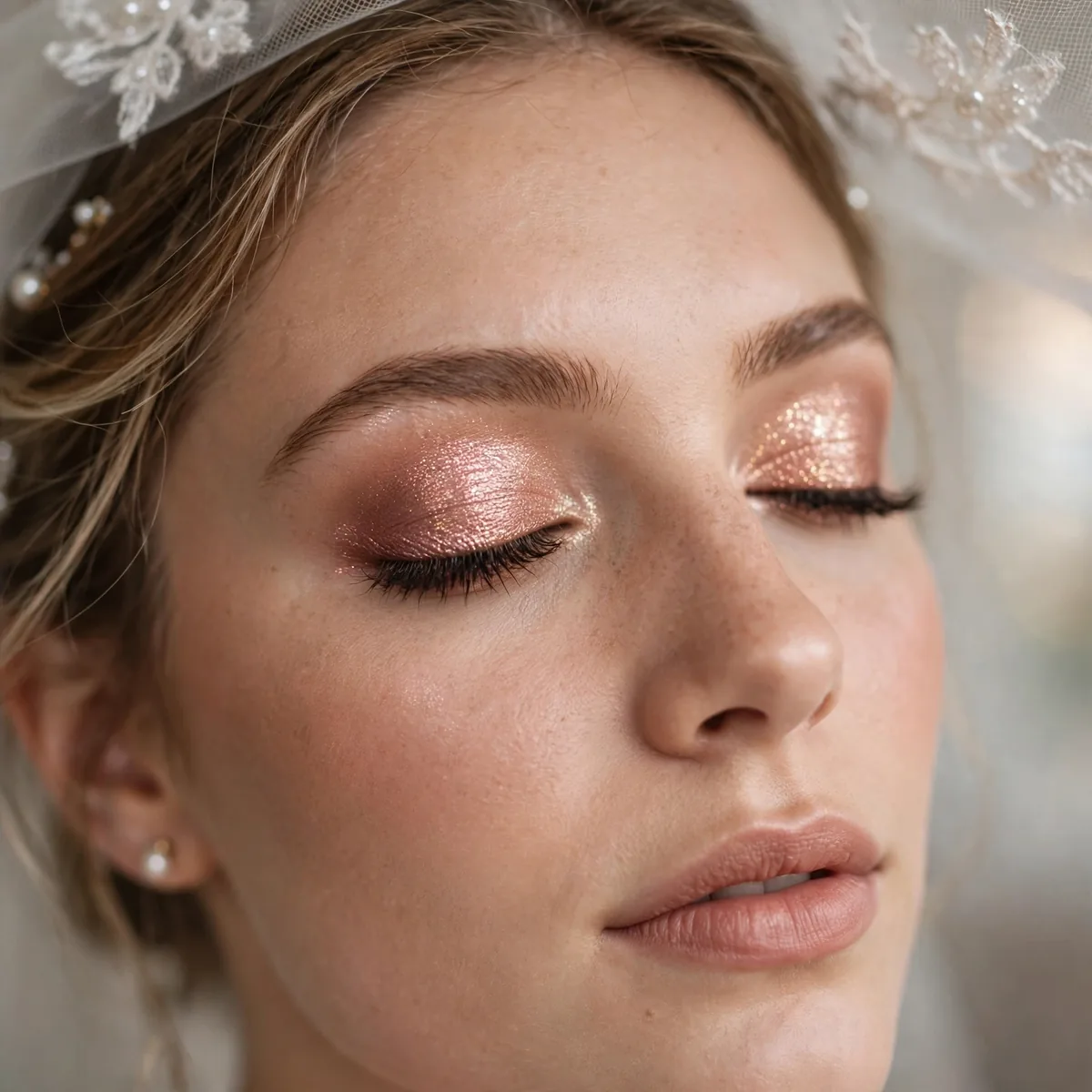 Bride with shimmering rose gold eyeshadow on the eyelids